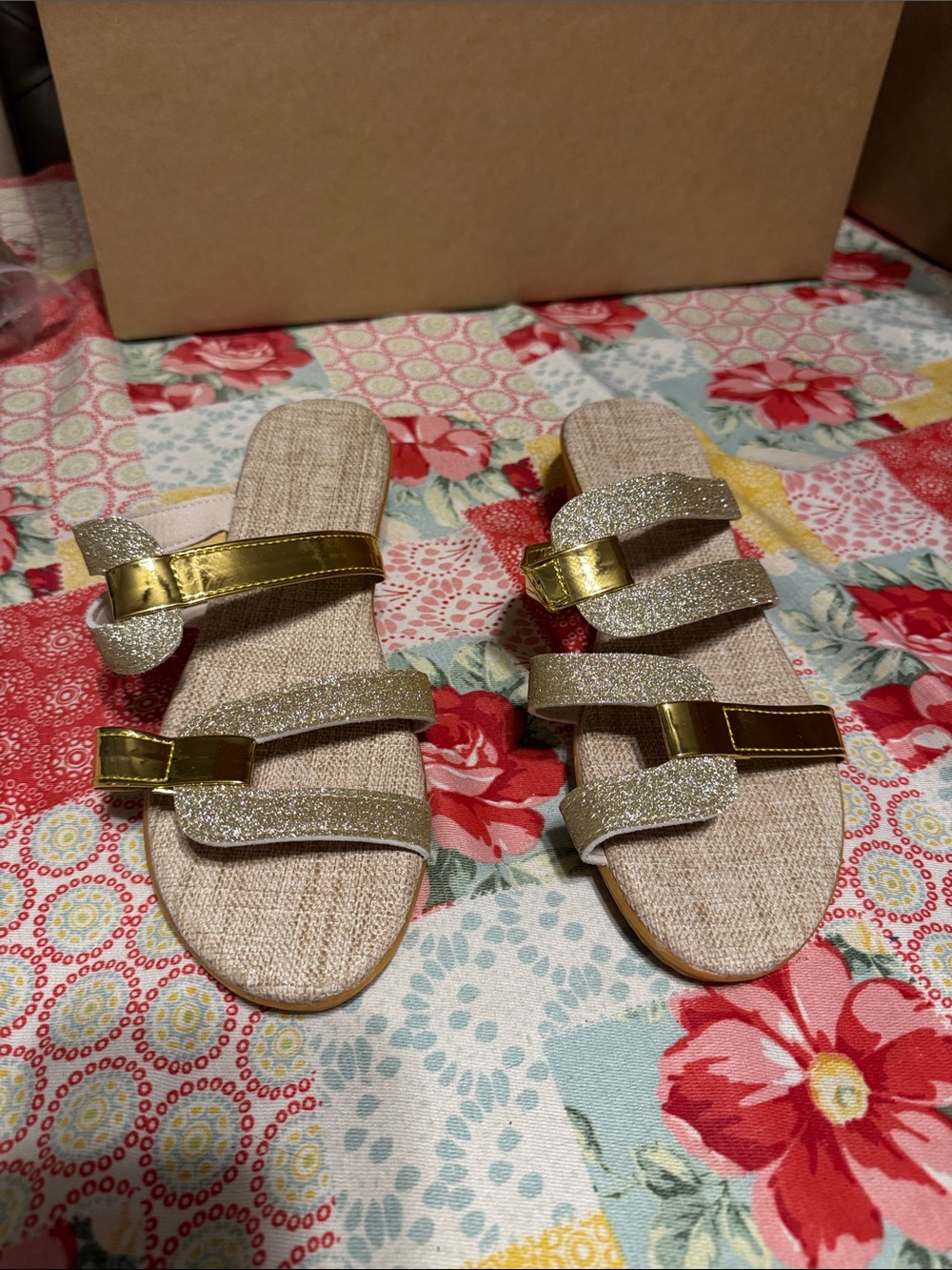 Gold Glitter Strap Women's Slide Sandals